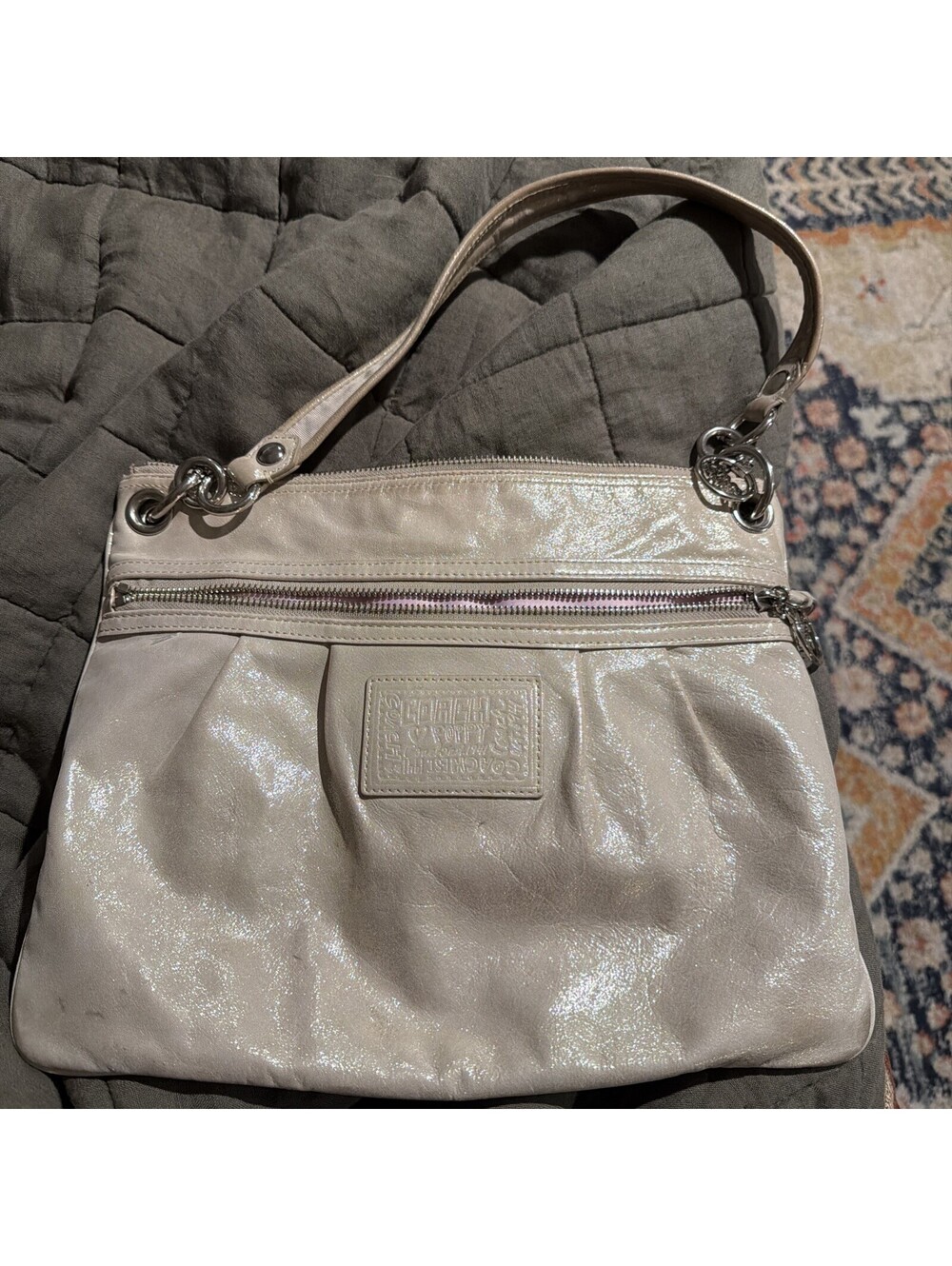 Coach Poppy Metallic Gold Satchel Top Handle Zip, Pink Lining, Charm, Pockets